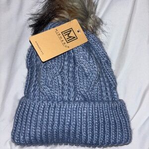 Blue Knit Beanie with Pom Pom